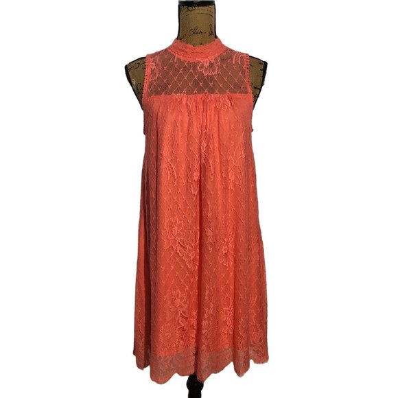 hint of mint Dresses & Skirts - Hint Of Mint L Dress Coral Orange Lace Mock Neck Sleeveless Lined Pretty Work
